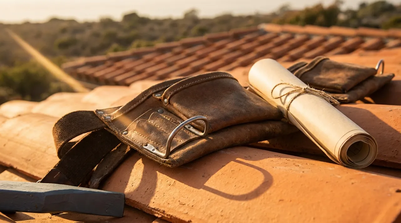 Editorial photograph of a weathered leather tool belt and rolled paper blueprints resting on warm-orange Spanish terracotta roof tiles, late afternoon Pacific Coast light